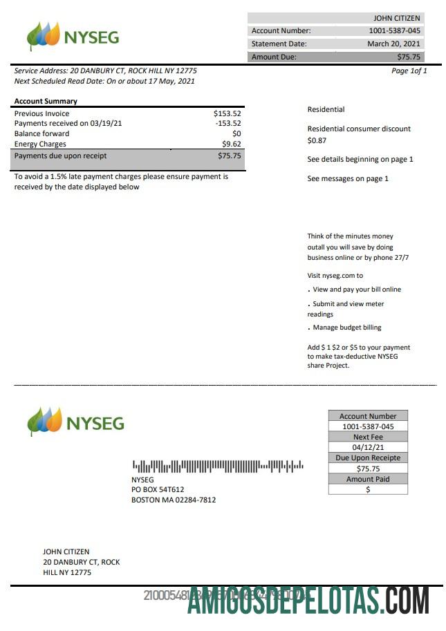 realista Modelo de conta de serviços públicos de eletricidade dos EUA Massachusetts Boston NYSEG em formato Word e PDF